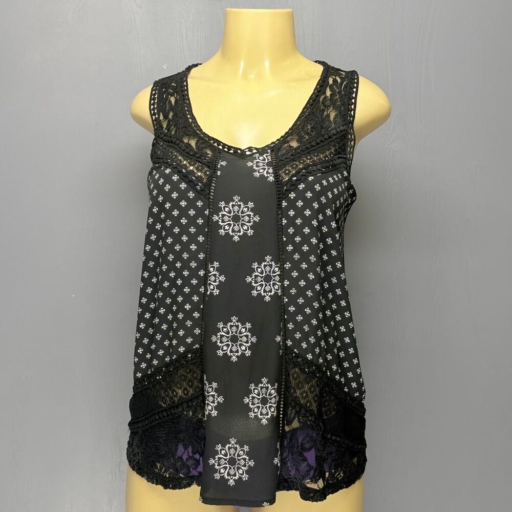 Davina | Black & White Mixed-Print Lace Tank Top | S
